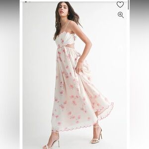 Pink Floral Scallop Edge Back Cutout Maxi Dress S NWOT
